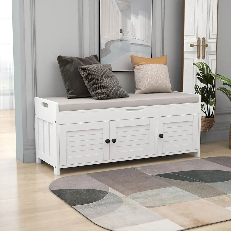 Banc à chaussures rembourré 3 portes de style rustique avec coussin amovible et espace de rangement caché