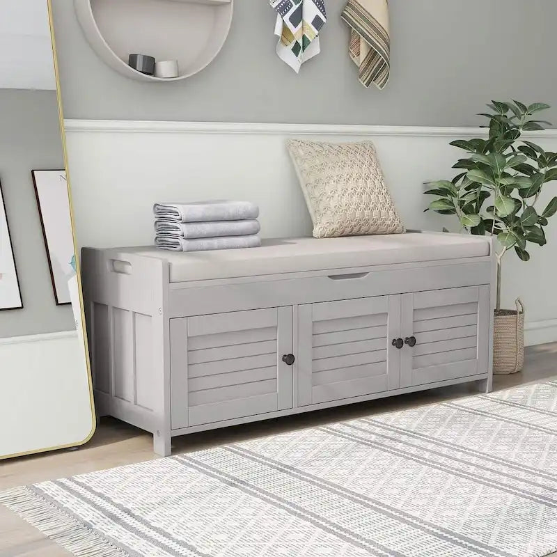Banc à chaussures rembourré 3 portes de style rustique avec coussin amovible et espace de rangement caché