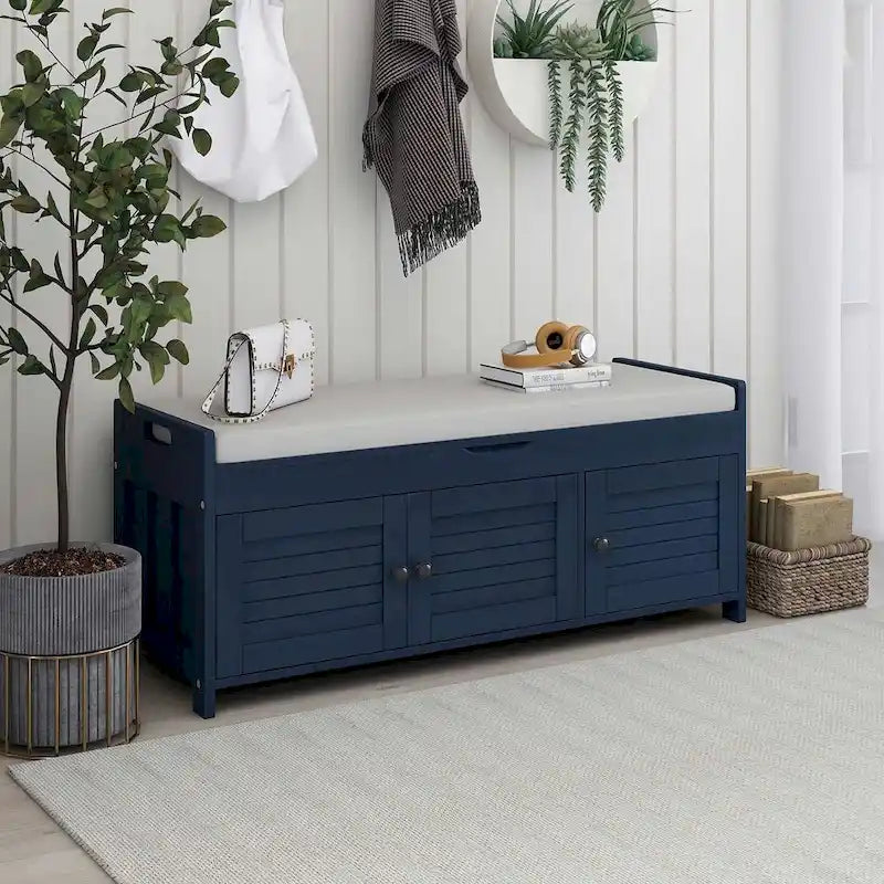 Banc à chaussures rembourré 3 portes de style rustique avec coussin amovible et espace de rangement caché