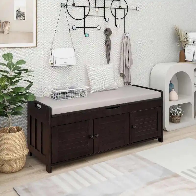Banc à chaussures rembourré 3 portes de style rustique avec coussin amovible et espace de rangement caché