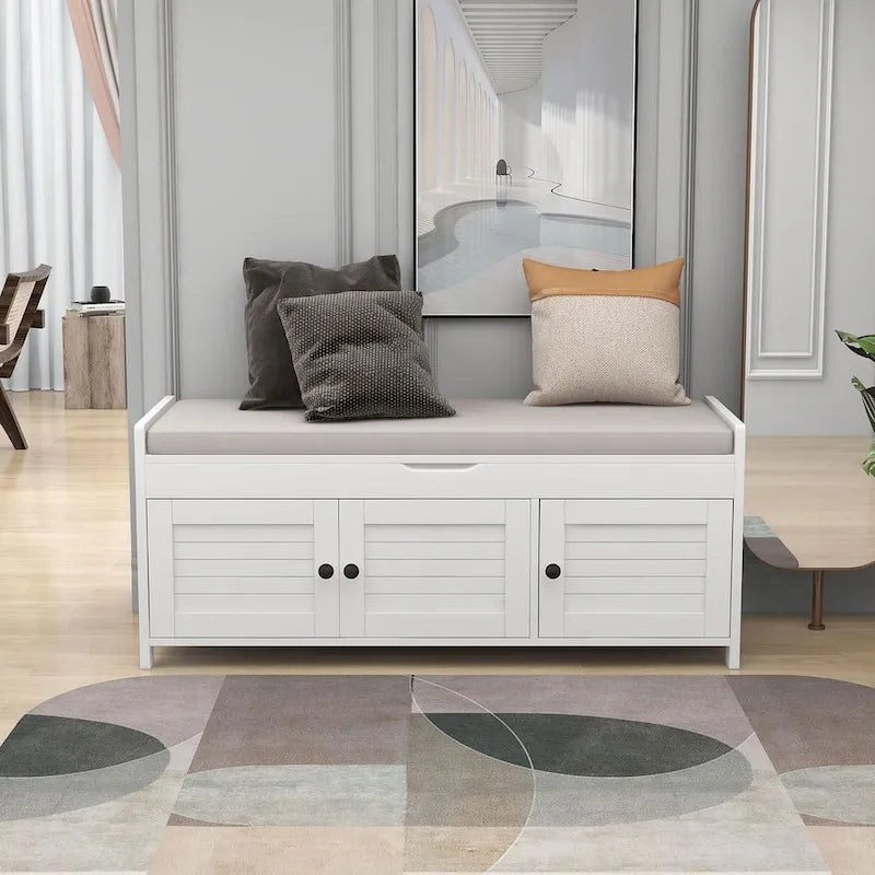 Banc à chaussures rembourré 3 portes de style rustique avec coussin amovible et espace de rangement caché