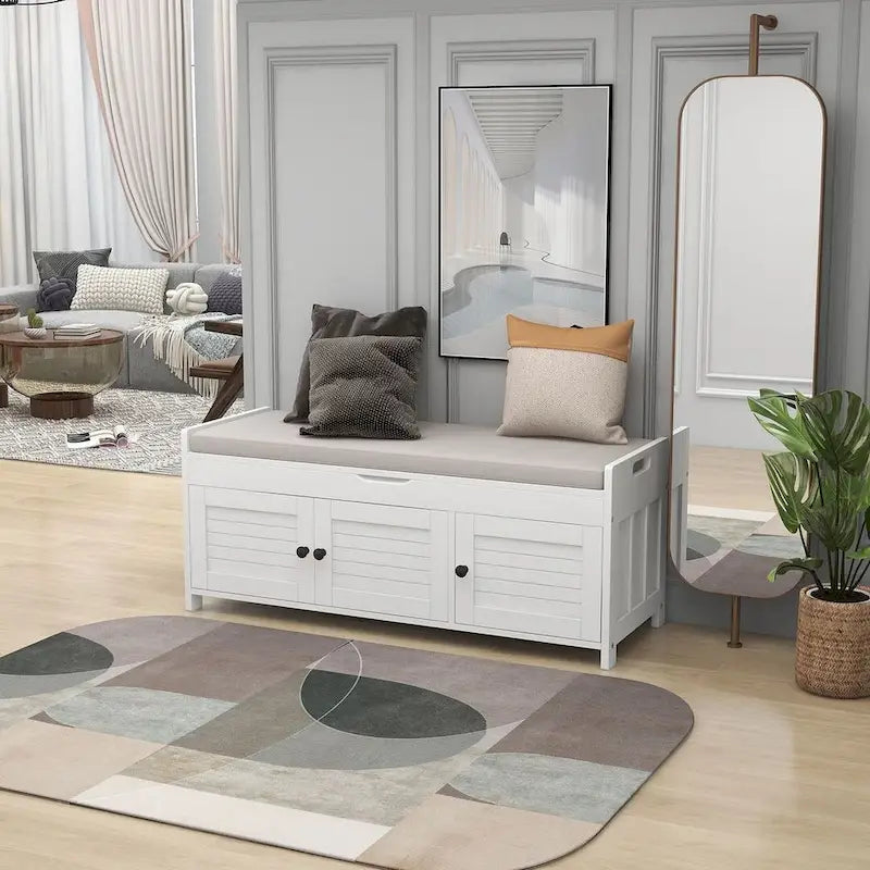 Banc à chaussures rembourré 3 portes de style rustique avec coussin amovible et espace de rangement caché