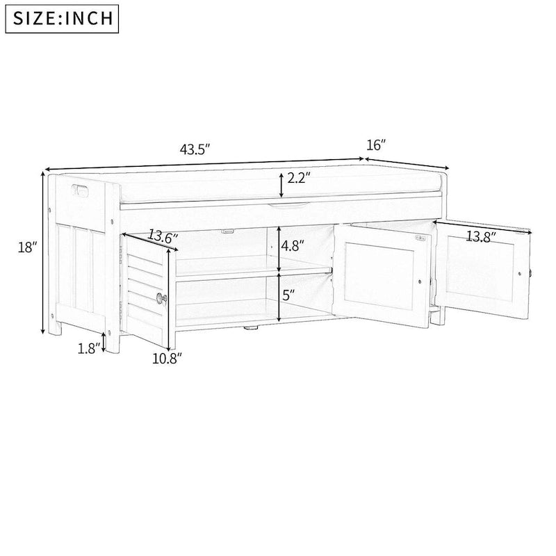 Banc à chaussures rembourré 3 portes de style rustique avec coussin amovible et espace de rangement caché
