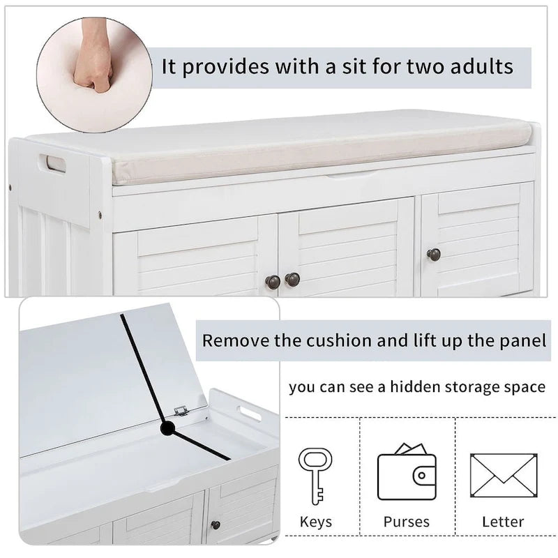 Banc à chaussures rembourré 3 portes de style rustique avec coussin amovible et espace de rangement caché