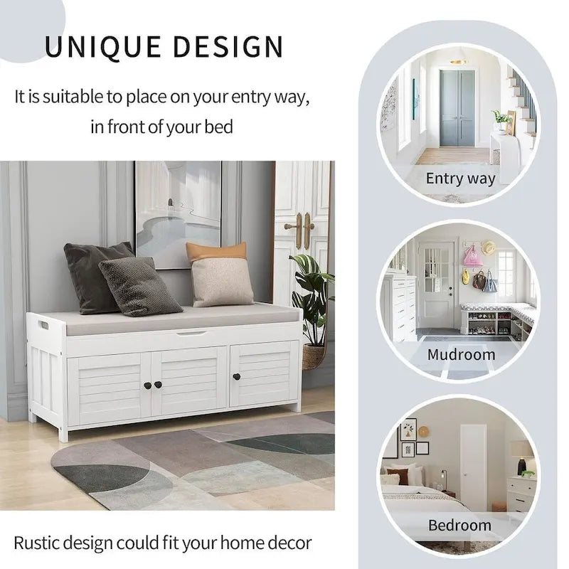 Banc à chaussures rembourré 3 portes de style rustique avec coussin amovible et espace de rangement caché