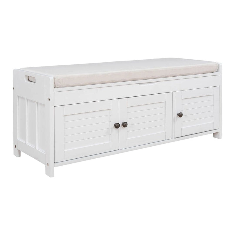 Banc à chaussures rembourré 3 portes de style rustique avec coussin amovible et espace de rangement caché