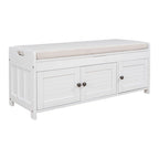 Banc à chaussures rembourré 3 portes de style rustique avec coussin amovible et espace de rangement caché