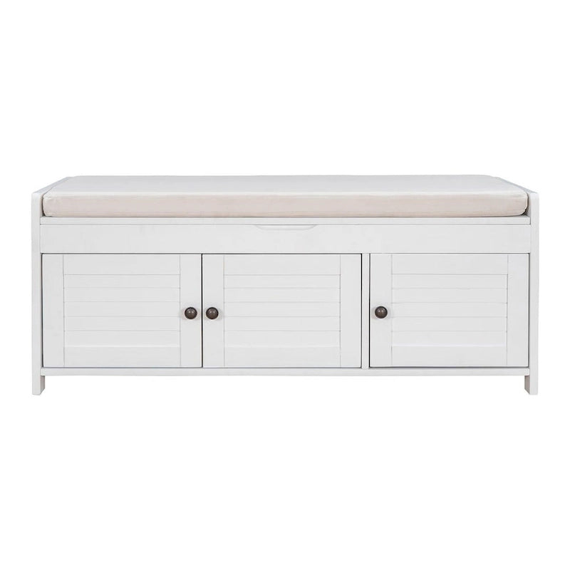 Banc à chaussures rembourré 3 portes de style rustique avec coussin amovible et espace de rangement caché