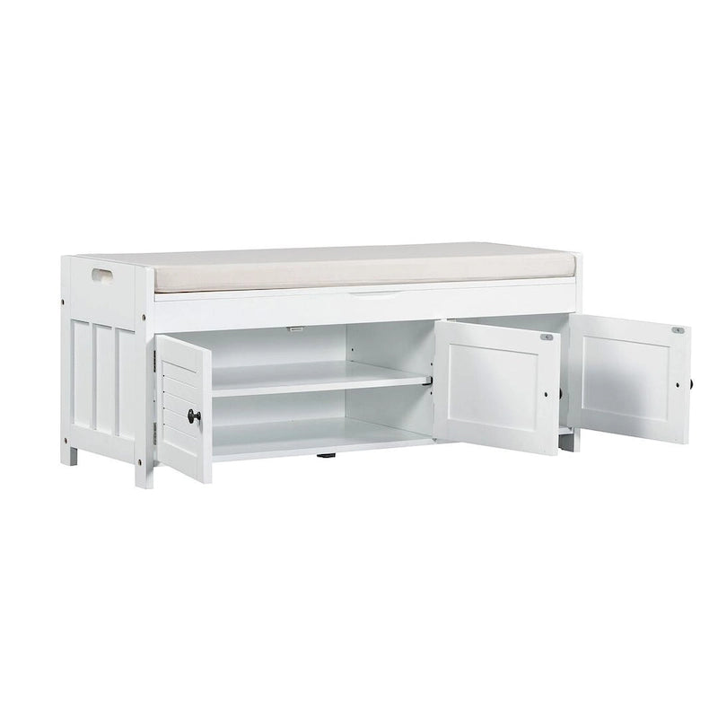 Banc à chaussures rembourré 3 portes de style rustique avec coussin amovible et espace de rangement caché
