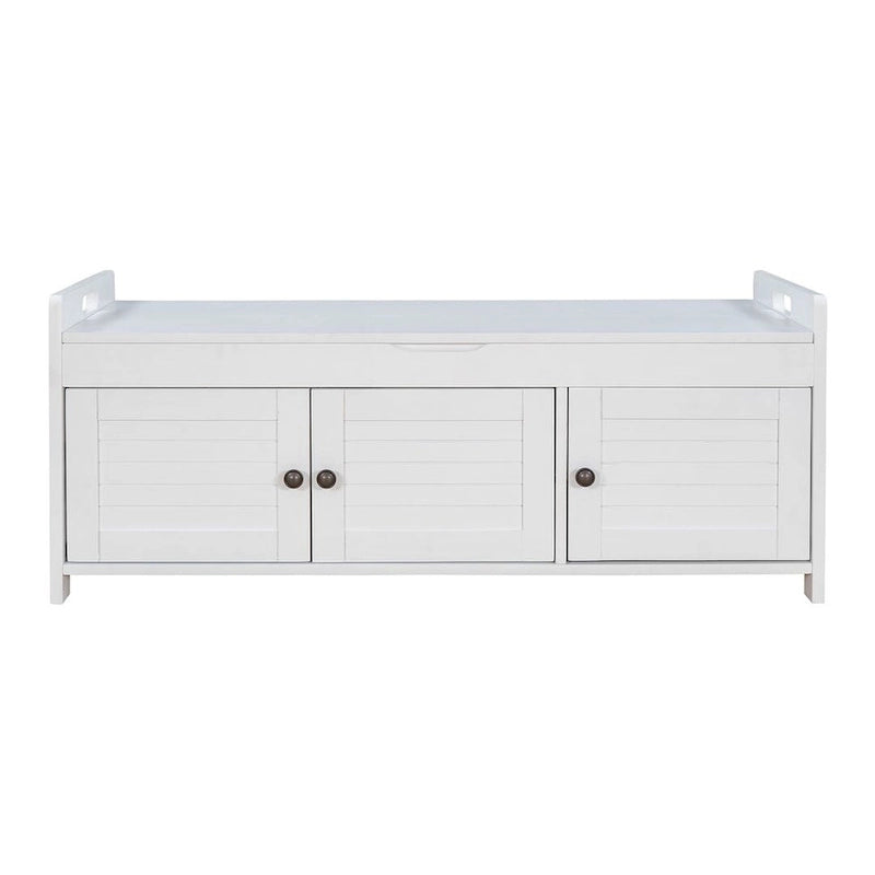 Banc à chaussures rembourré 3 portes de style rustique avec coussin amovible et espace de rangement caché
