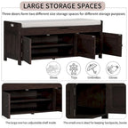 Banc à chaussures rembourré 3 portes de style rustique avec coussin amovible et espace de rangement caché
