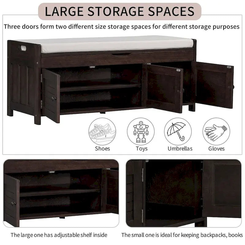 Banc à chaussures rembourré 3 portes de style rustique avec coussin amovible et espace de rangement caché