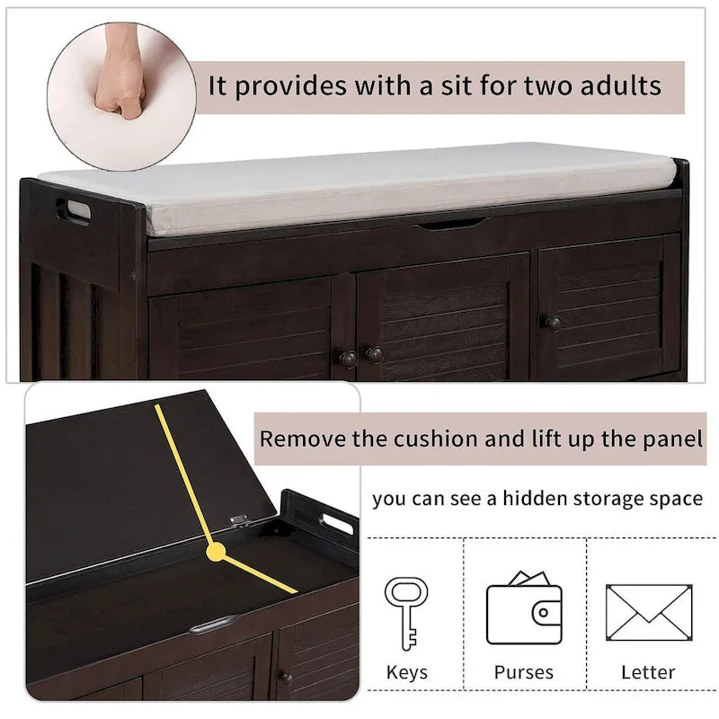 Banc à chaussures rembourré 3 portes de style rustique avec coussin amovible et espace de rangement caché