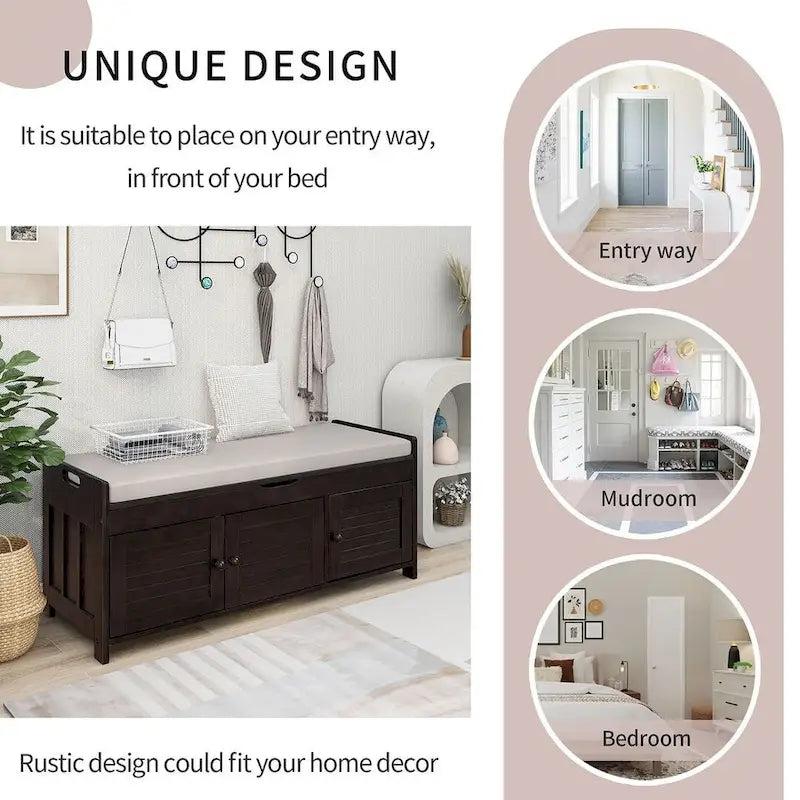 Banc à chaussures rembourré 3 portes de style rustique avec coussin amovible et espace de rangement caché