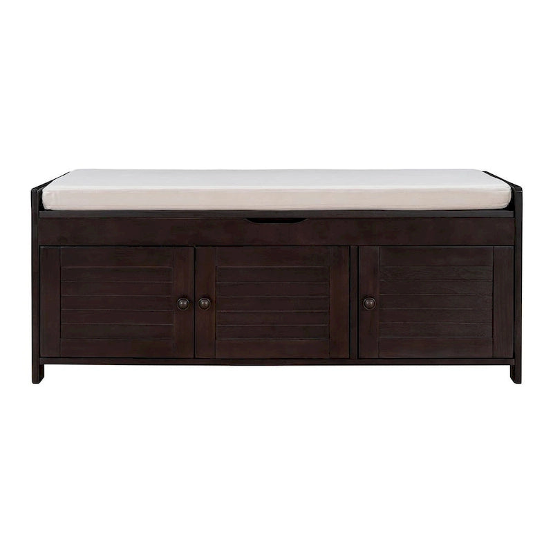 Banc à chaussures rembourré 3 portes de style rustique avec coussin amovible et espace de rangement caché