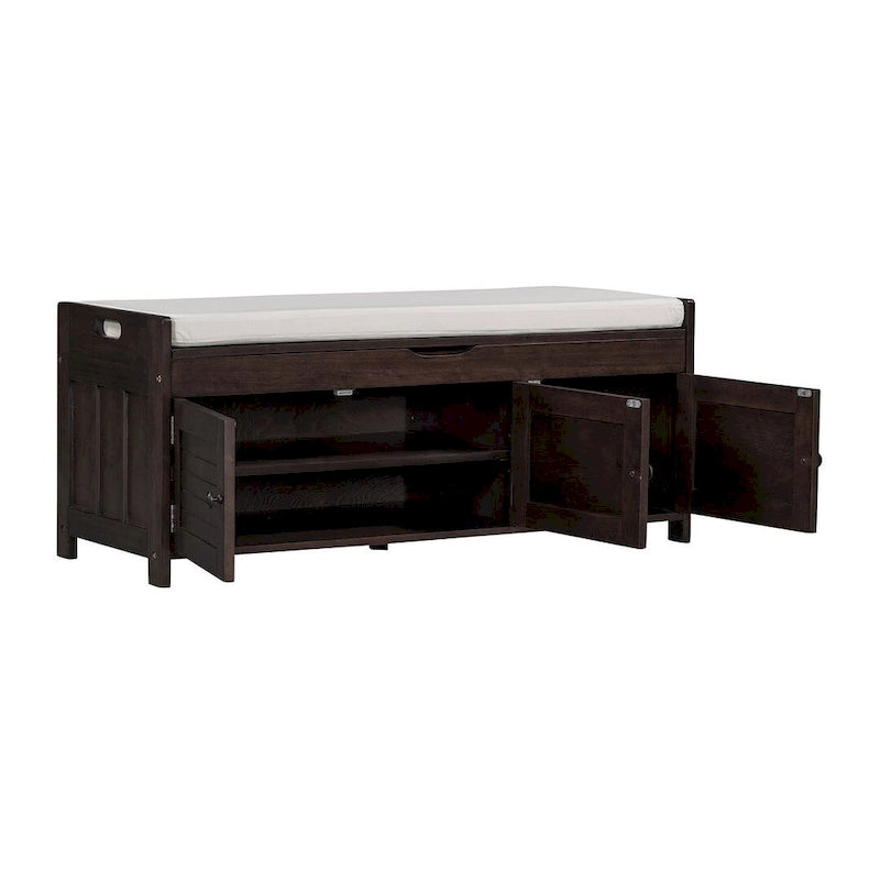 Banc à chaussures rembourré 3 portes de style rustique avec coussin amovible et espace de rangement caché
