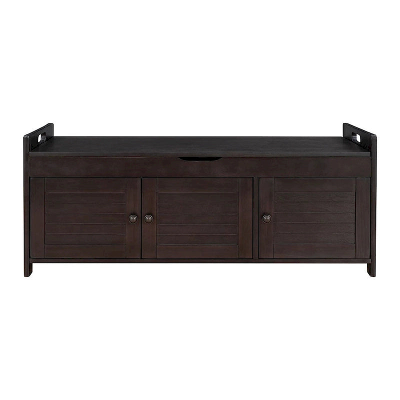 Banc à chaussures rembourré 3 portes de style rustique avec coussin amovible et espace de rangement caché