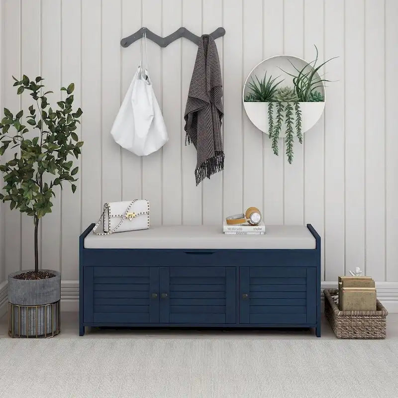 Banc à chaussures rembourré 3 portes de style rustique avec coussin amovible et espace de rangement caché