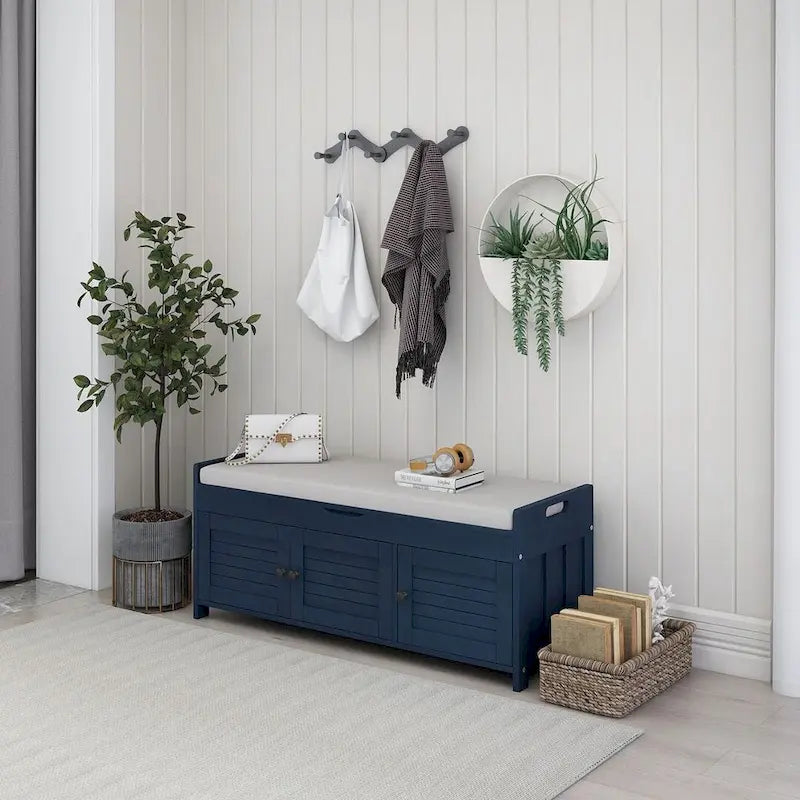 Banc à chaussures rembourré 3 portes de style rustique avec coussin amovible et espace de rangement caché
