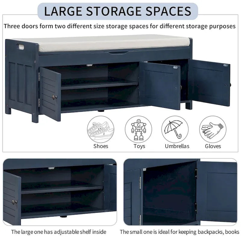 Banc à chaussures rembourré 3 portes de style rustique avec coussin amovible et espace de rangement caché