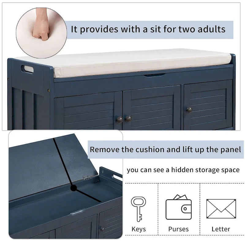 Banc à chaussures rembourré 3 portes de style rustique avec coussin amovible et espace de rangement caché