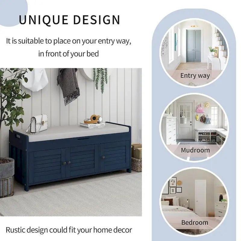 Banc à chaussures rembourré 3 portes de style rustique avec coussin amovible et espace de rangement caché