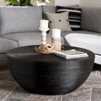 Table basse Tokyo en rotin naturel laminé – Table tambour fabriquée à la main pour salon, mobilier de style bohème côtier