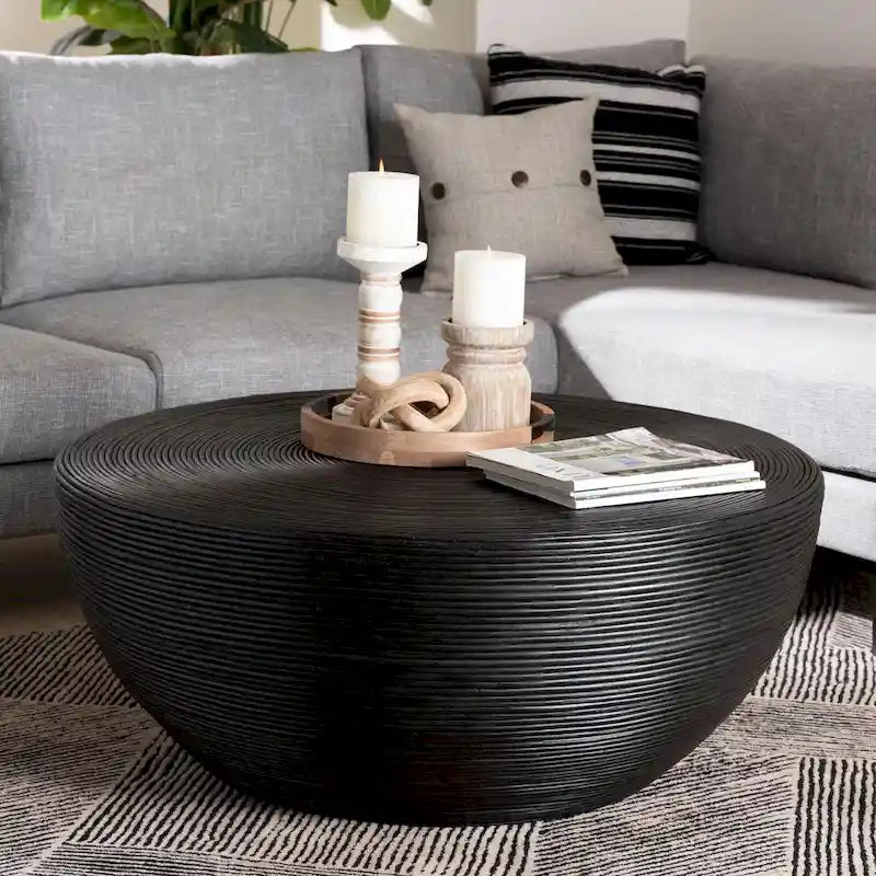 Table basse Tokyo en rotin naturel laminé – Table tambour fabriquée à la main pour salon, mobilier de style bohème côtier