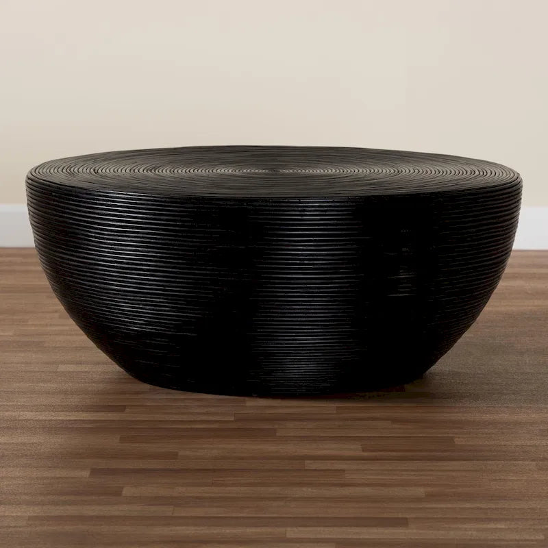 Table basse Tokyo en rotin naturel laminé – Table tambour fabriquée à la main pour salon, mobilier de style bohème côtier