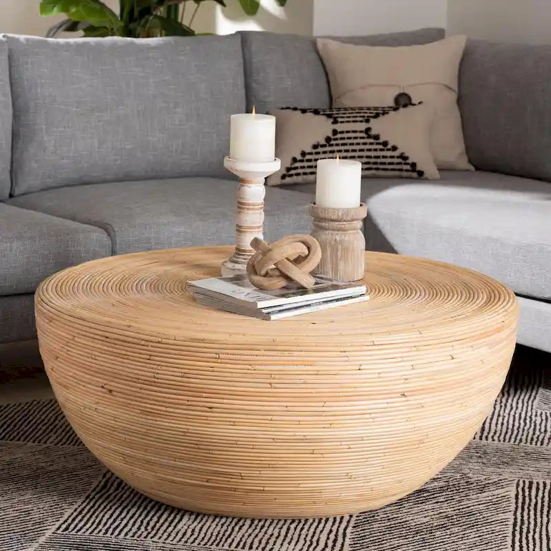 Table basse Tokyo en rotin naturel laminé – Table tambour fabriquée à la main pour salon, mobilier de style bohème côtier
