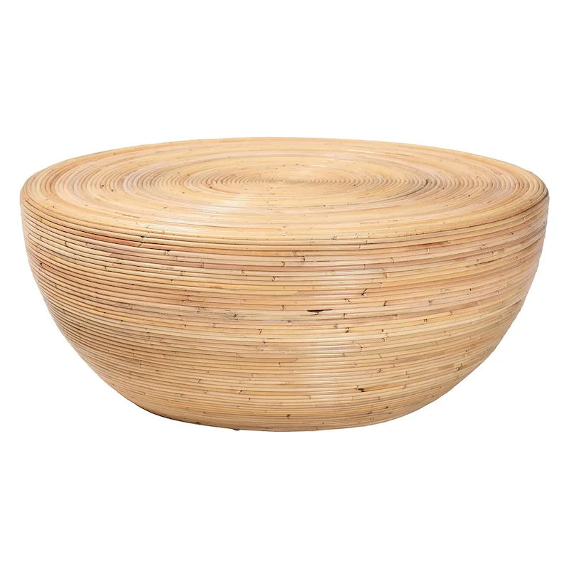 Table basse Tokyo en rotin naturel laminé – Table tambour fabriquée à la main pour salon, mobilier de style bohème côtier