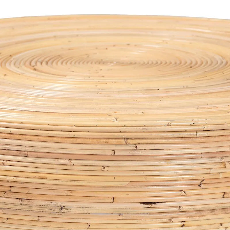 Table basse Tokyo en rotin naturel laminé – Table tambour fabriquée à la main pour salon, mobilier de style bohème côtier