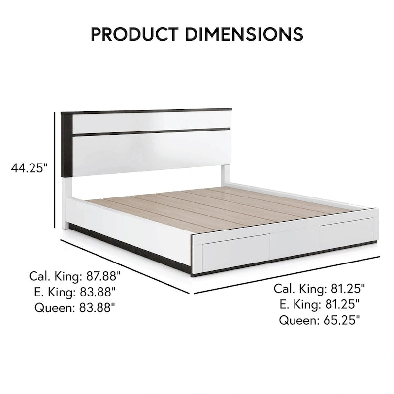 Ensemble de lit et de table de chevet Conjira Modern 2 pièces en bois blanc avec rangement