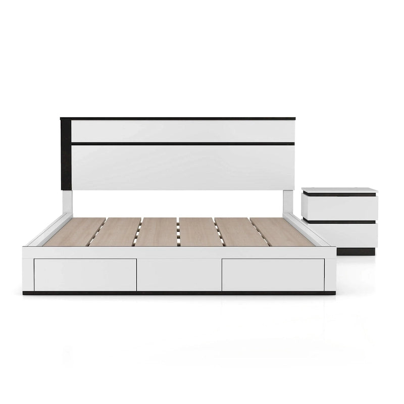 Ensemble de lit et de table de chevet Conjira Modern 2 pièces en bois blanc avec rangement