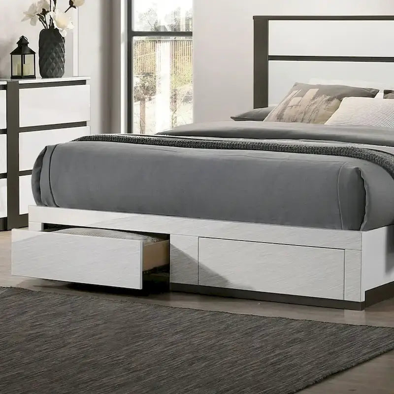 Ensemble de lit et de table de chevet Conjira Modern 2 pièces en bois blanc avec rangement