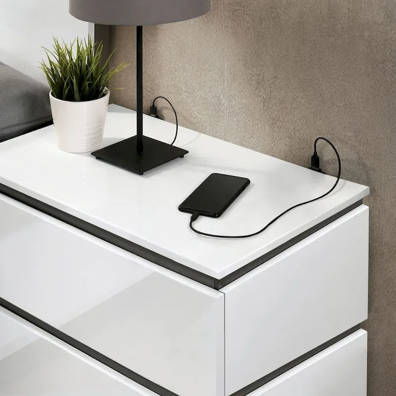 Ensemble de lit et de table de chevet Conjira Modern 2 pièces en bois blanc avec rangement