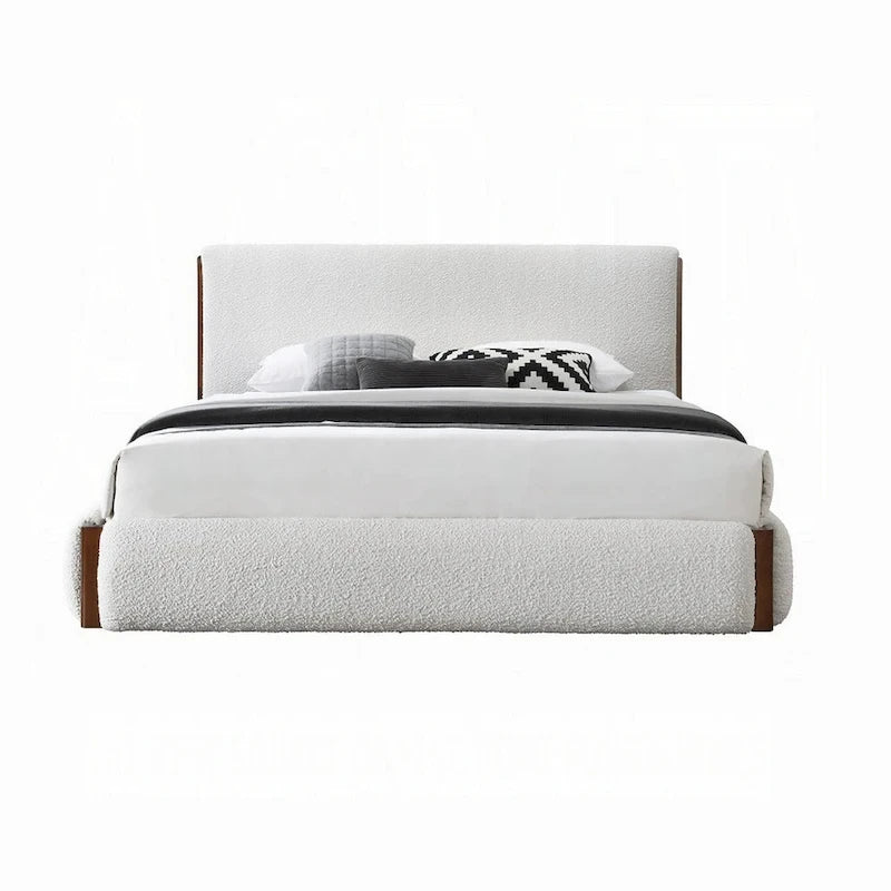 Lit double Fedro, profil bas, revêtement bouclé blanc, noyer brun