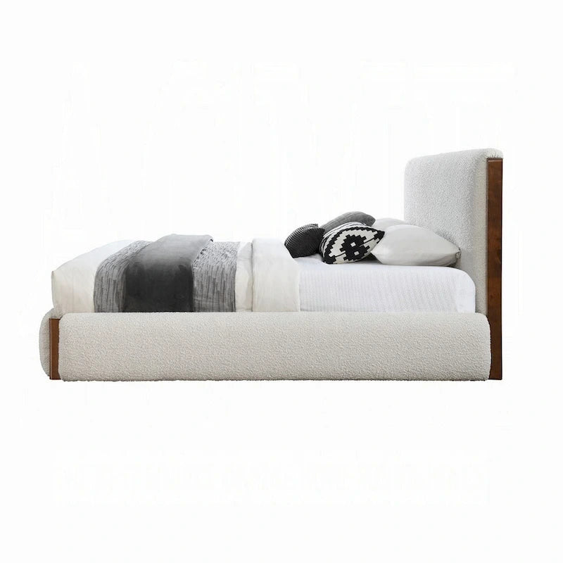 Lit double Fedro, profil bas, revêtement bouclé blanc, noyer brun