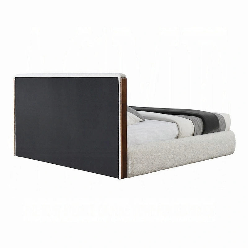 Lit double Fedro, profil bas, revêtement bouclé blanc, noyer brun