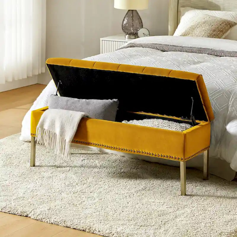 Banc de rangement contemporain en velours Egmont avec couvercle à charnière par