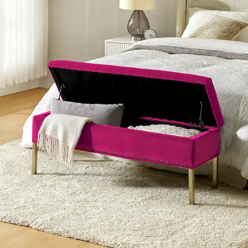 Banc de rangement contemporain en velours Egmont avec couvercle à charnière par