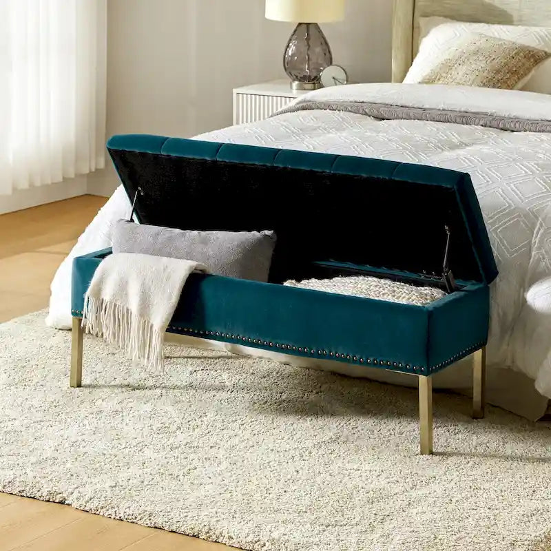Banc de rangement contemporain en velours Egmont avec couvercle à charnière par