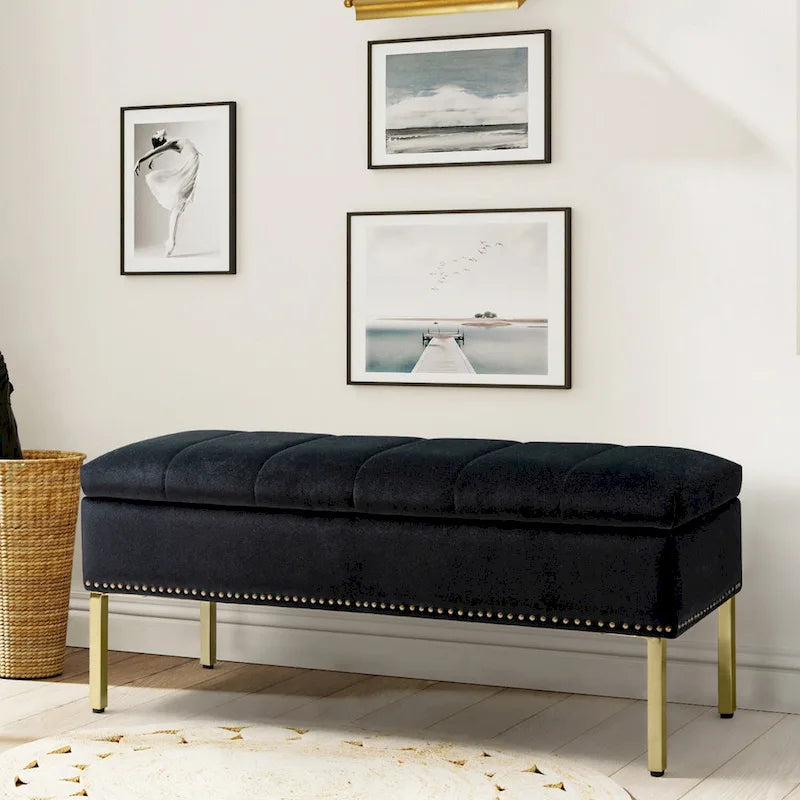Banc de rangement contemporain en velours Egmont avec couvercle à charnière par