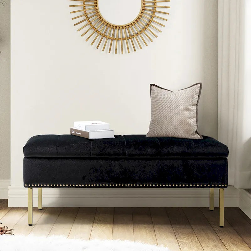 Banc de rangement contemporain en velours Egmont avec couvercle à charnière par