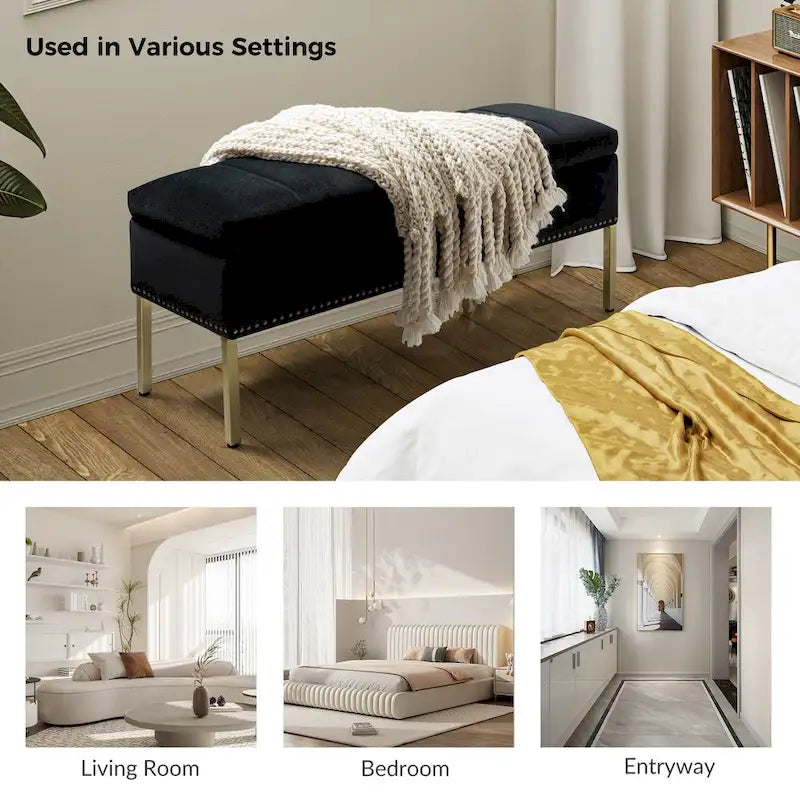Banc de rangement contemporain en velours Egmont avec couvercle à charnière par