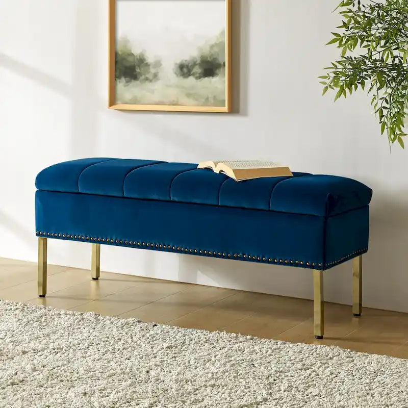 Banc de rangement contemporain en velours Egmont avec couvercle à charnière par