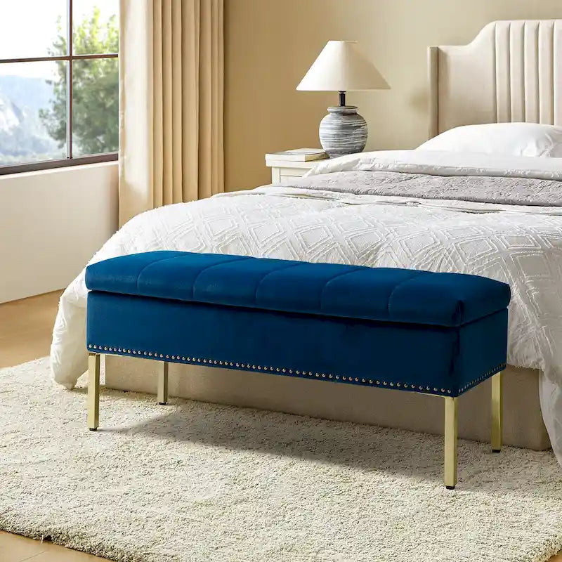 Banc de rangement contemporain en velours Egmont avec couvercle à charnière par