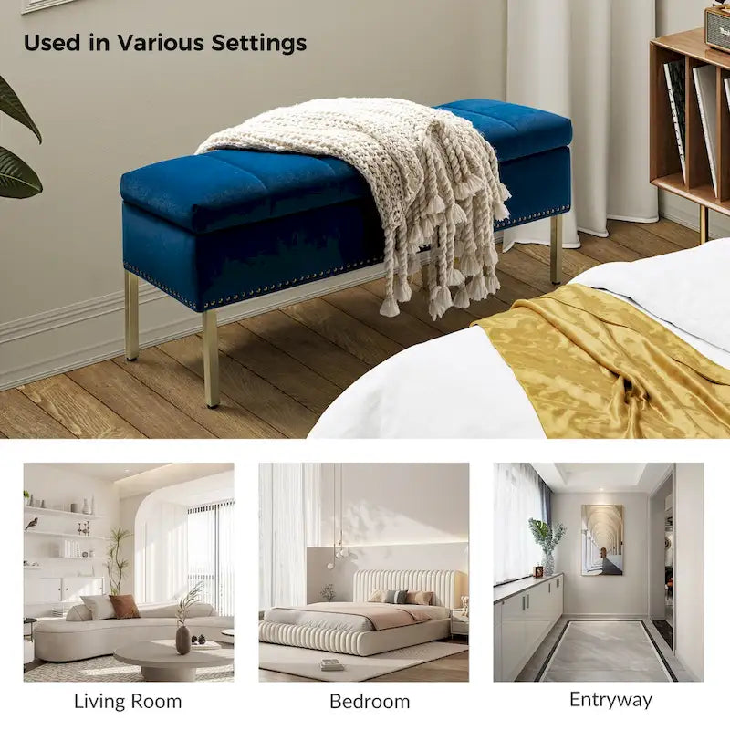 Banc de rangement contemporain en velours Egmont avec couvercle à charnière par