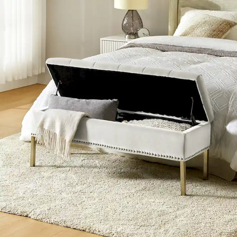 Banc de rangement contemporain en velours Egmont avec couvercle à charnière par