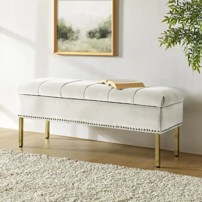 Banc de rangement contemporain en velours Egmont avec couvercle à charnière par